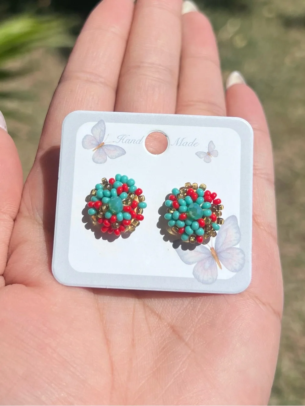 Handmade Beaded Flower Stud Earrings - Turquoise & Red
